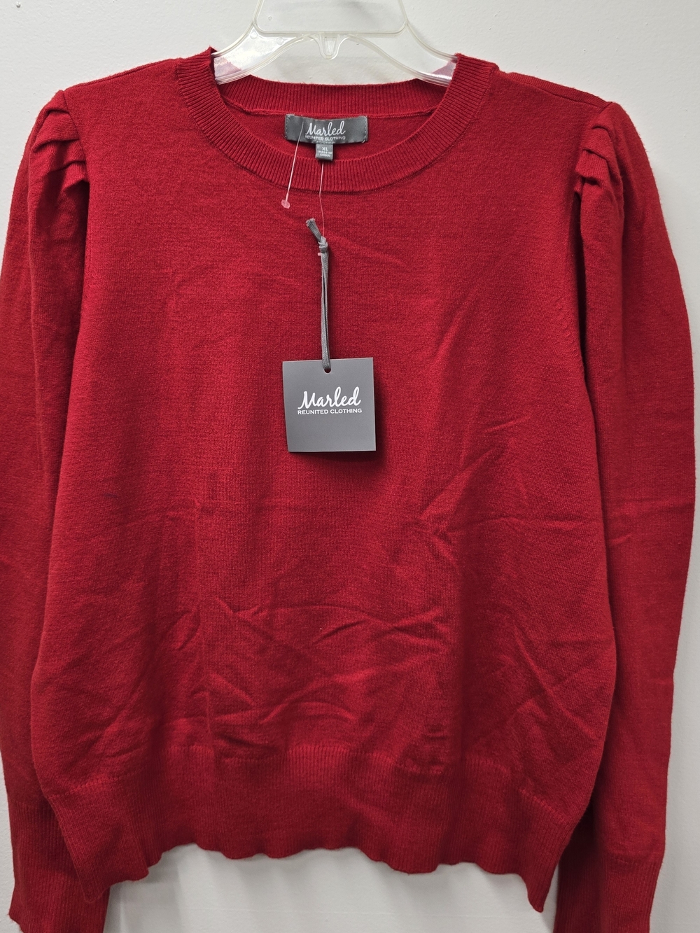 Marled Red Puff-Shoulder Crewneck Sweater
